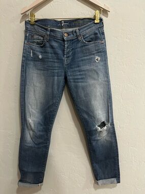 7 For All Mankind Women's Boyfriend Jeans in Distressed Medium Blue